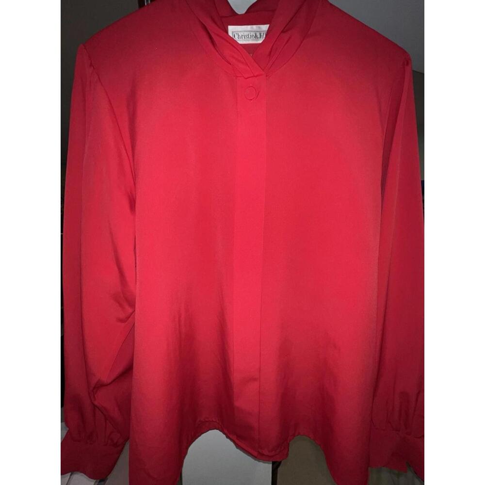 Vintage 80s Christie & Jill Red Blouse Women's 16 Made in‎ Korea Button Front